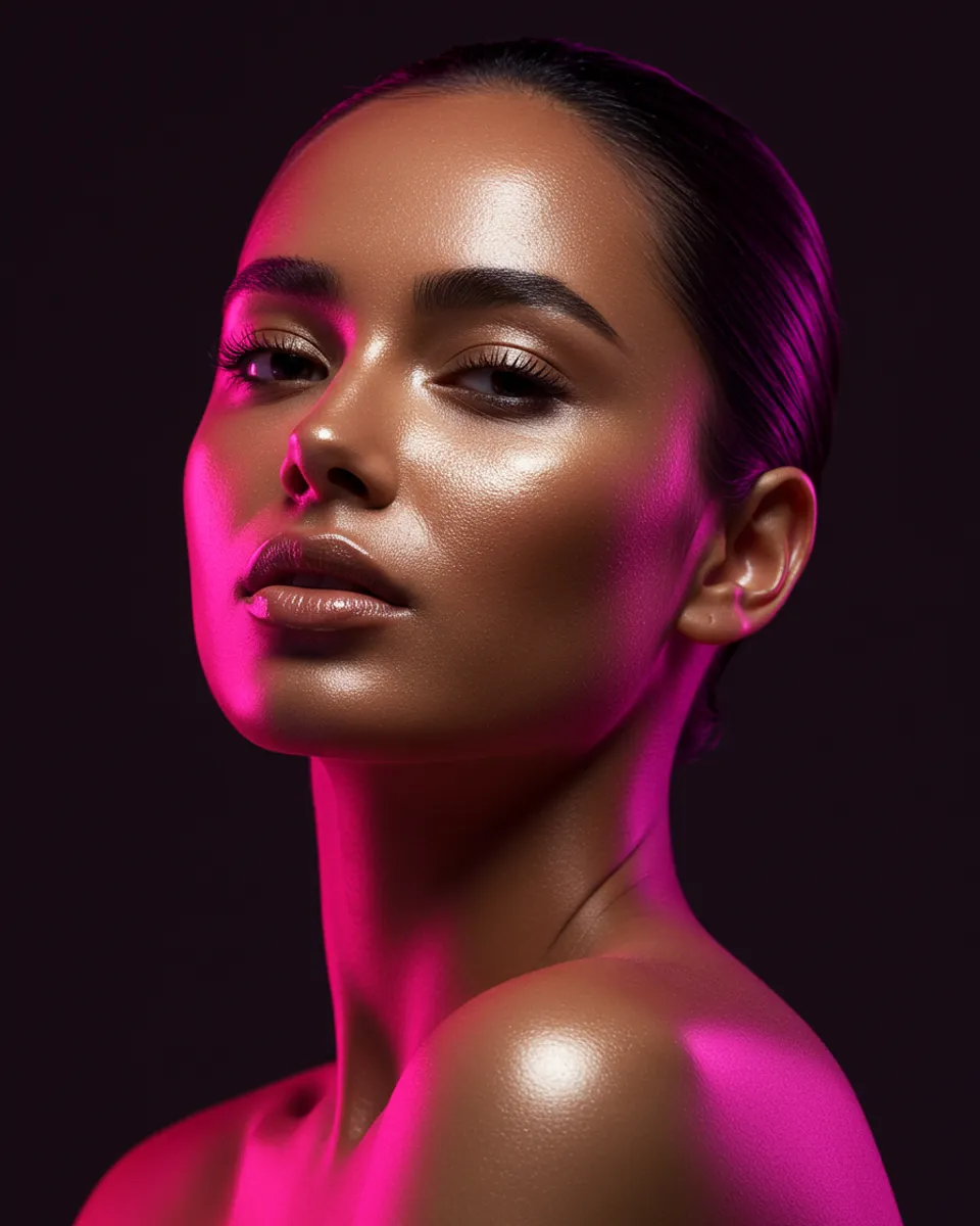 Glowing sun-kissed skin in pink studio light